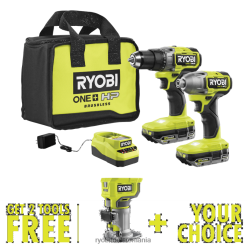 RYOBI Kit combinat 18v one+ hp fără perii cu 2 instrumente cu router compact 18v one+ gratuit și instrumentul de selectare gratuit la alegere Unelte electrice A68ND11