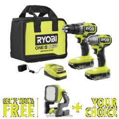 RYOBI Kit combinat cu 2 unelte fără perii de 18v one+ hp cu lumină de lucru cu LED hibrid de 18v one+ și instrumentul de selectare gratuit la alegere Unelte electrice A68ND12